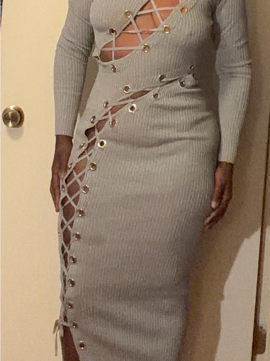 None Dresses & Skirts - Ribbed Lace-Up Long Sleeve Midi Dress in Light Gray